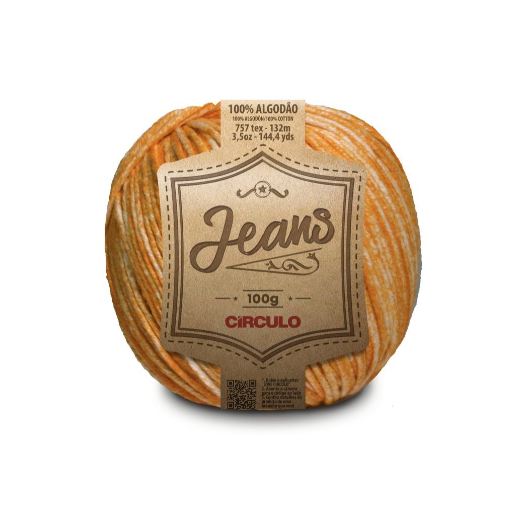 Circulo JEANS 100% Cotton yarn ball in in rich Dark Cheddar color, 132m length, and 100g weight, showcasing its soft texture and rich hue.
