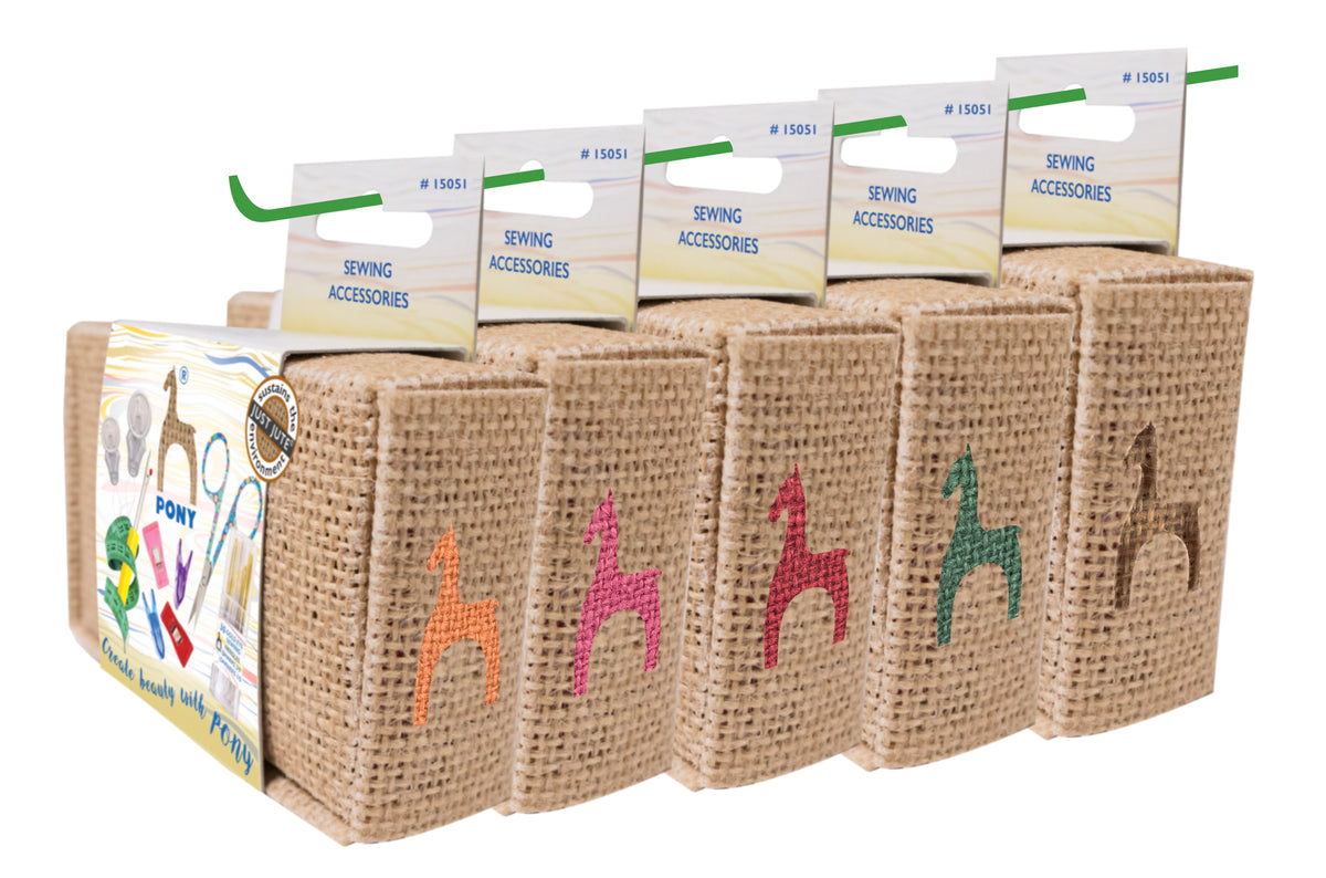 Pony JUST JUTE 39-piece sewing kit in jute box with scissors, tape measure, clips, seam ripper, needles and threaders – ad...
