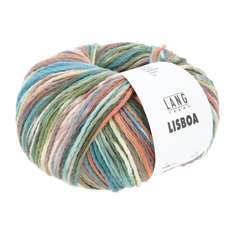 Lang Yarns Lisboa yarn, Olive/Dark Green/Blue/Orange, colour 0011, ball photograph