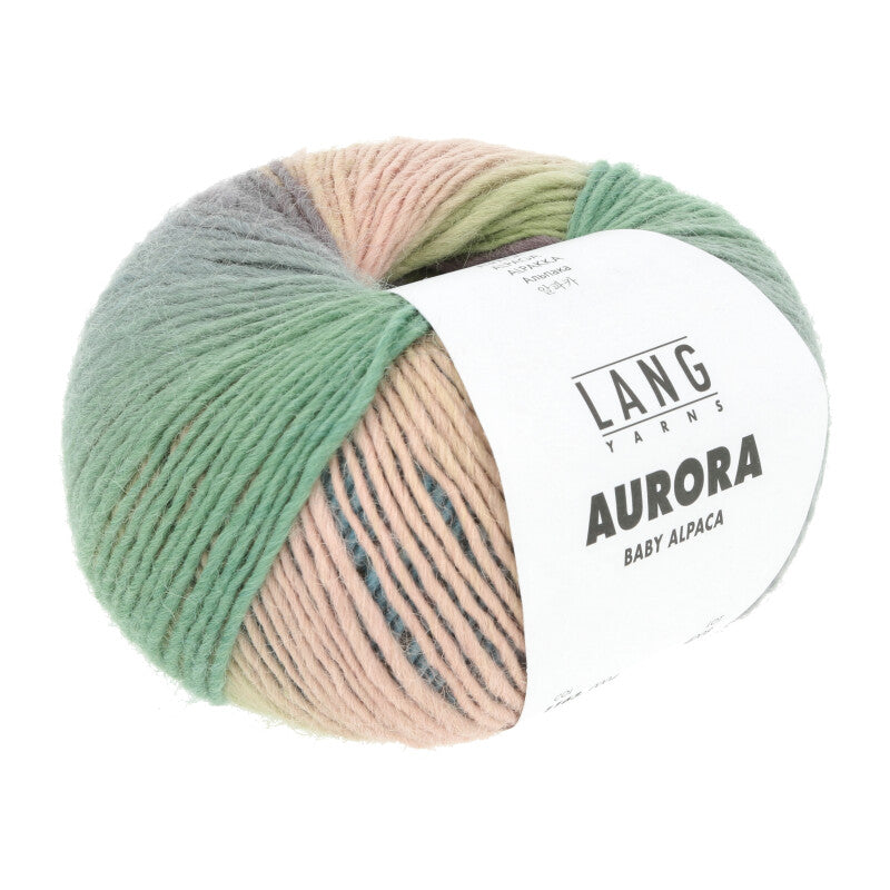 Lang Yarns Aurora yarn, Lime/Green/Purple/Turquoise, colour 0004, ball photograph