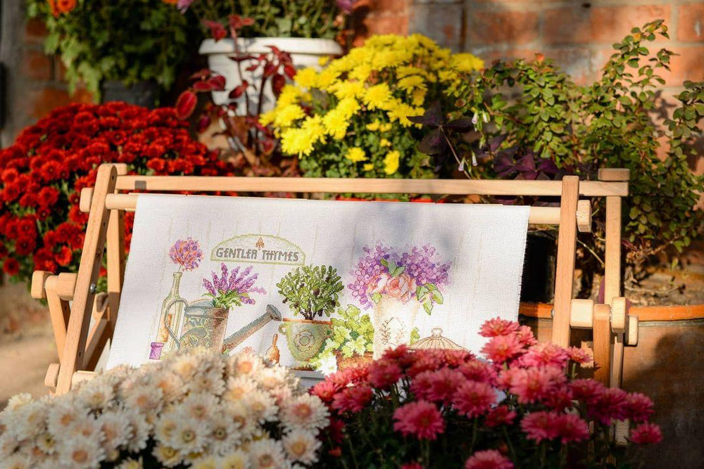 Charivna mit Quite Times cross stitch kit featuring Aida fabric.