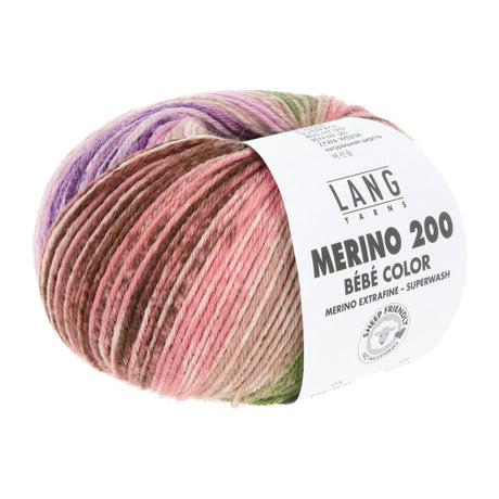 Lang Yarns Merino 200 Bébé Color Yarn, 203m / 50g – Violet/Flamingo/Grass (0602)