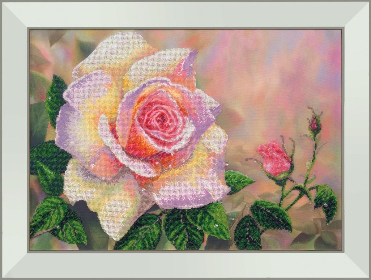 Completed bead embroidery of the Gloria Dei rose from the Charivna Mit kit, showcasing vibrant colors and intricate detail.