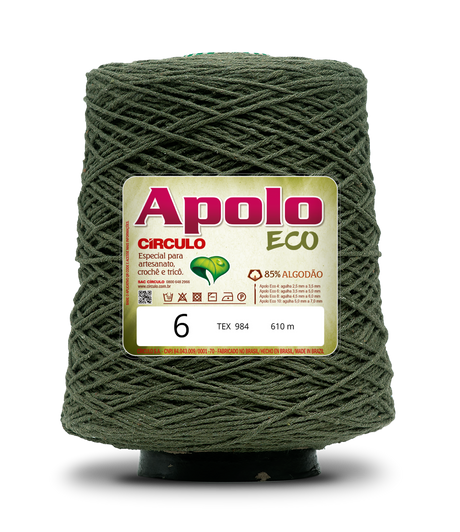 Apolo Eco 4/6 Cotton Cord Yarn – Ideal for Crochet Bags & Home Decor (600g) - Leo Hobby - A large cone spool of olive green crochet thread with a white and red Apolo Circulo Eco label, shown on a white background with a soft shadow.