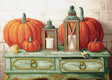 Gifts of Autumn Aida 16 Cross Stitch Kit - M-357 - Decorative scene with pumpkins, lanterns, and candles on a table against a brick wall.