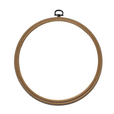 Beech wood embroidery hoop with metal hook.