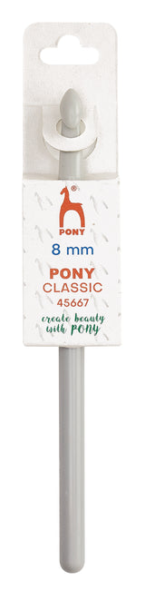 A pony classic 8 mm crochet hook with its original white cardboard packaging, featuring the brand logo and product details.