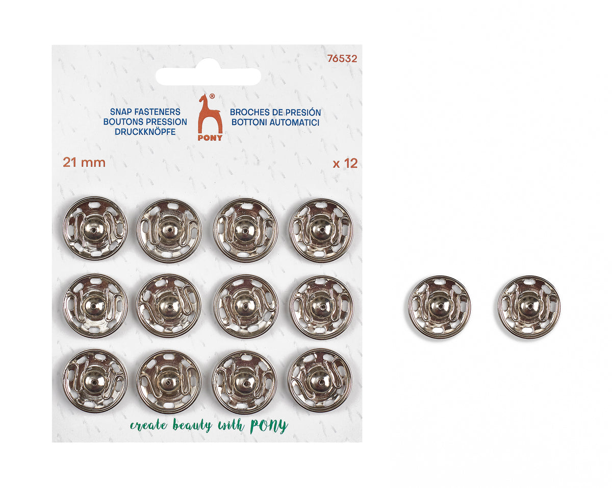 Pony Snap Fasteners, Nickel, 21 mm / 12 pcs