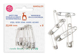 Pack of eight silver safety pins in a white retail blister pack, with four loose pins displayed to the right on a white background.