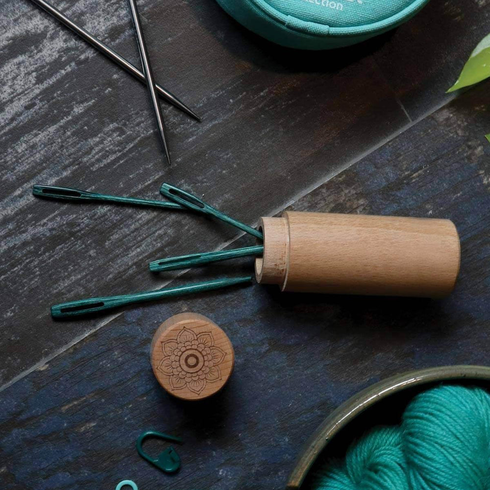 Mindful Teal Darning Needles in Beech Cylindrical Case by KnitPro