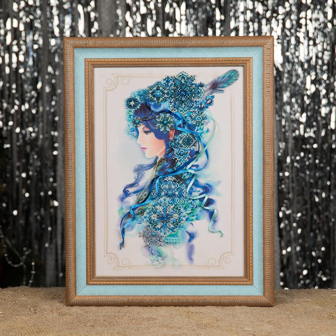 Beadwork kit 'Winter' by Charivna Mit, featuring a girl in a winter setting, designed for seasoned embroiderers.